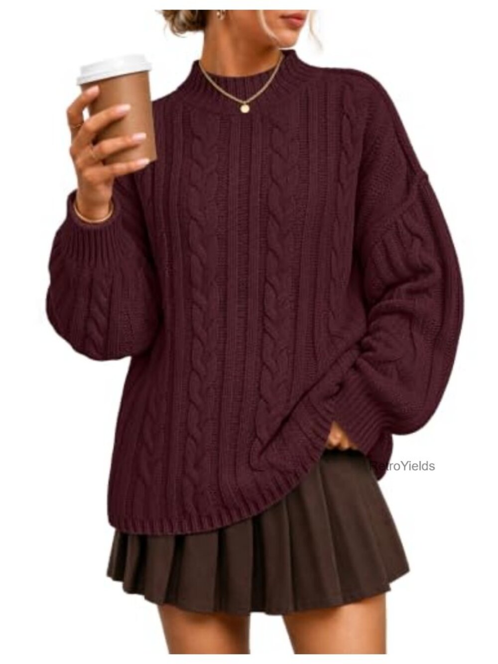 Oversized Mock Neck Cable Knit Pullover Sweater Long Sleeve
